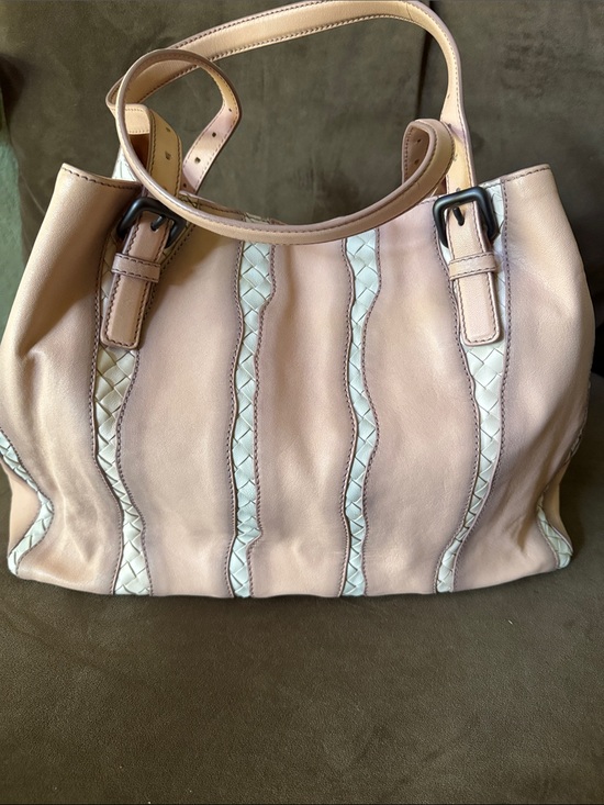 Bottega Veneta Handbags - Bottega Veneta Soft Pink Leather Tote Bag with Ivory Braided Trim